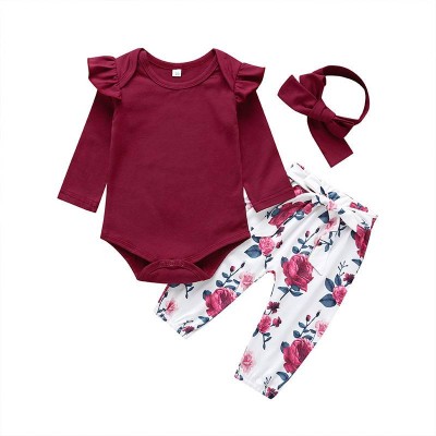 Long Sleeve Cotton Baby Girl Outfit Set 3pcs Baby Romper Clothes With Headband